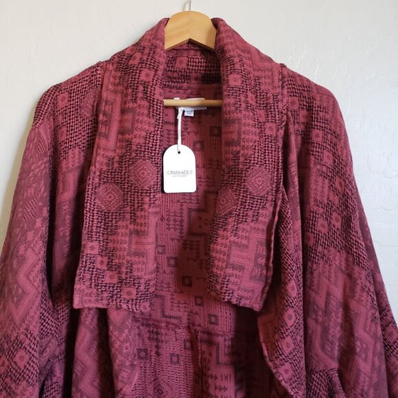 Passage Gauzy Cotton Jacquard Waterfall Open Cardigan Fringe Burgundy One Sz NEW - Picture 3 of 12